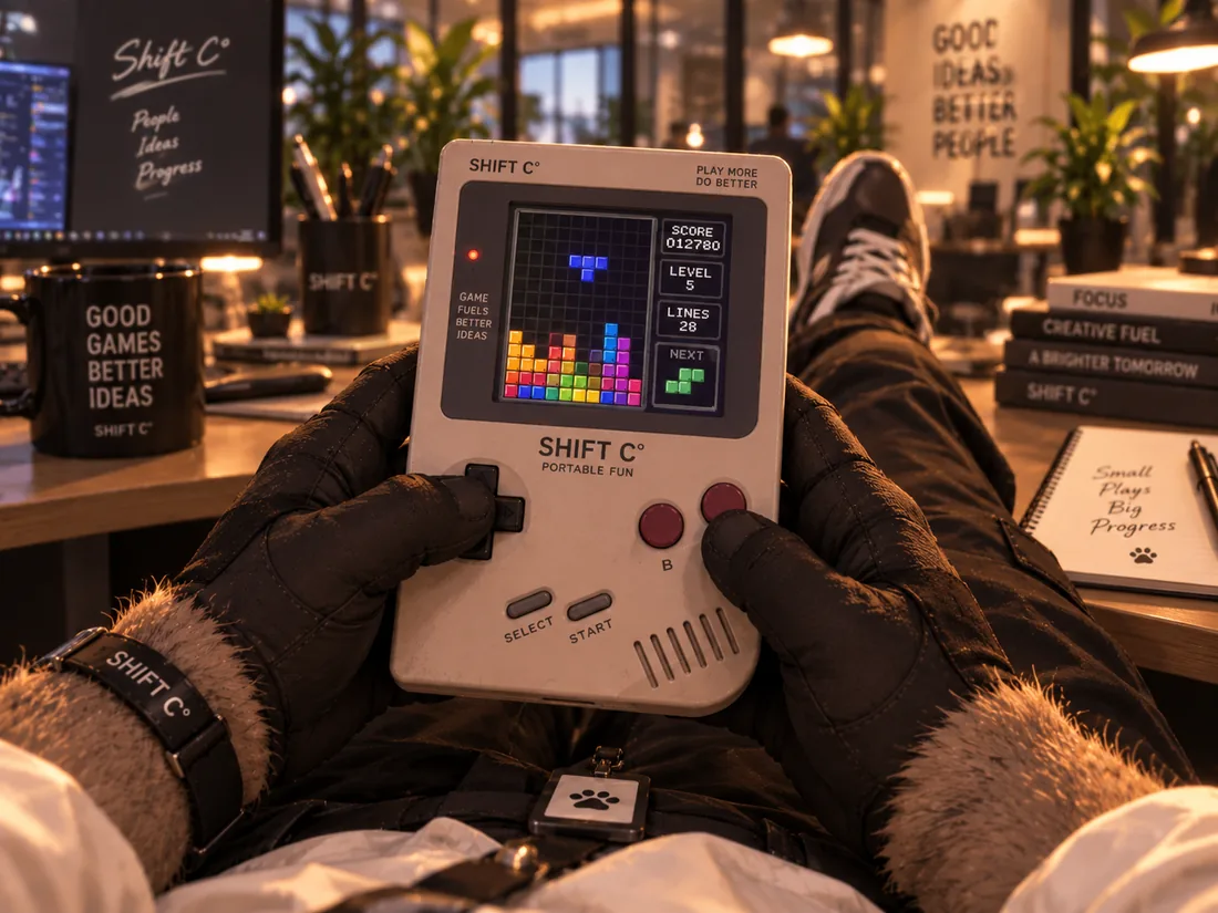 Illustration: hands holding a handheld games console, on whose screen falling blocks assemble into a stack; on the right a display showing the next block