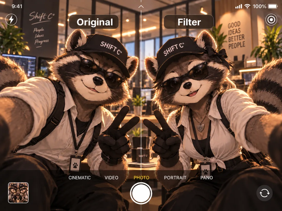 Illustration: the selfie view of a phone camera, divided by a vertical line - labelled “Original” on the left and “Filter” on the right, where the same figure is shown altered