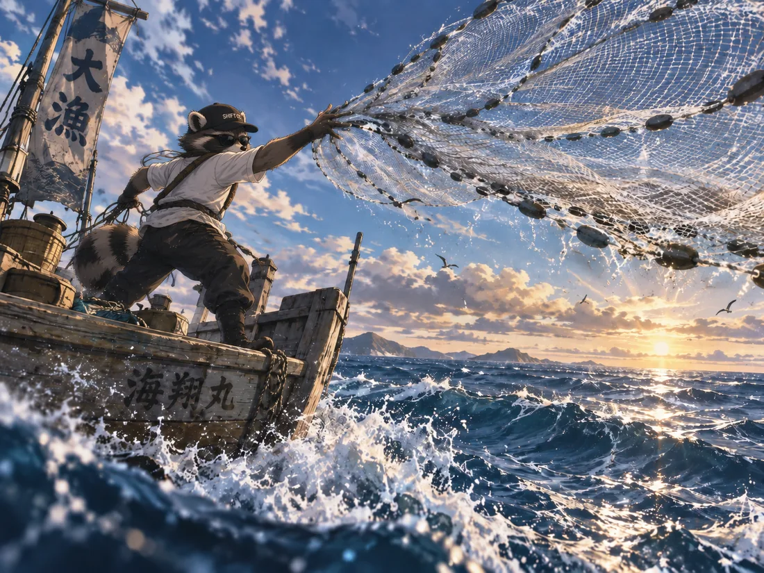 Illustration: a raccoon casts a wide net over the sea from a fishing boat