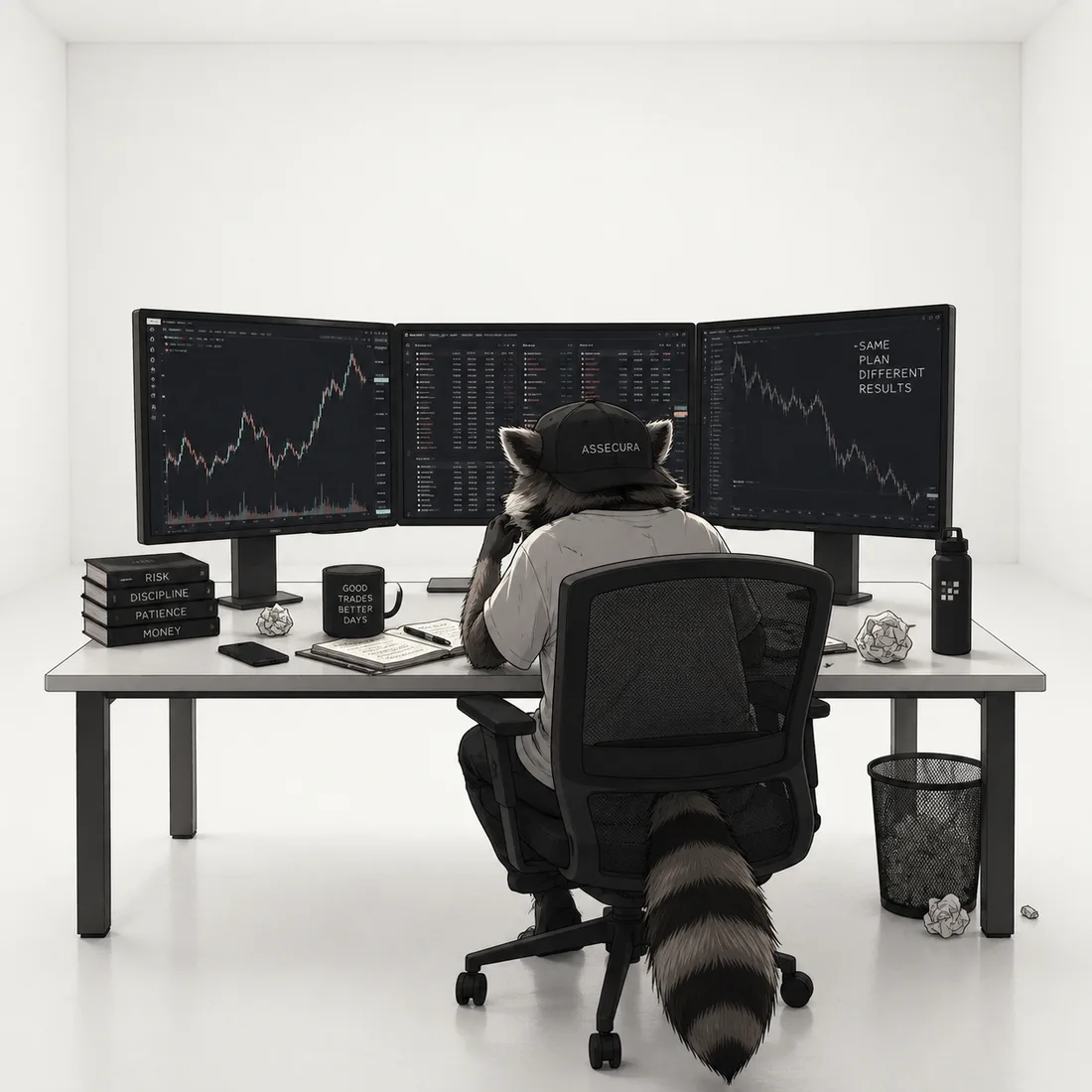 Illustration: a figure seen from behind at a desk in front of three screens showing price charts and trading interfaces