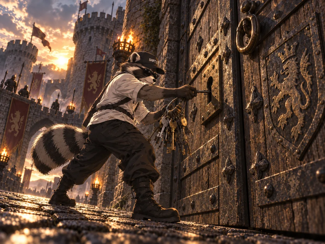 Illustration: a raccoon with a large keyring tries a key at the gate of a castle