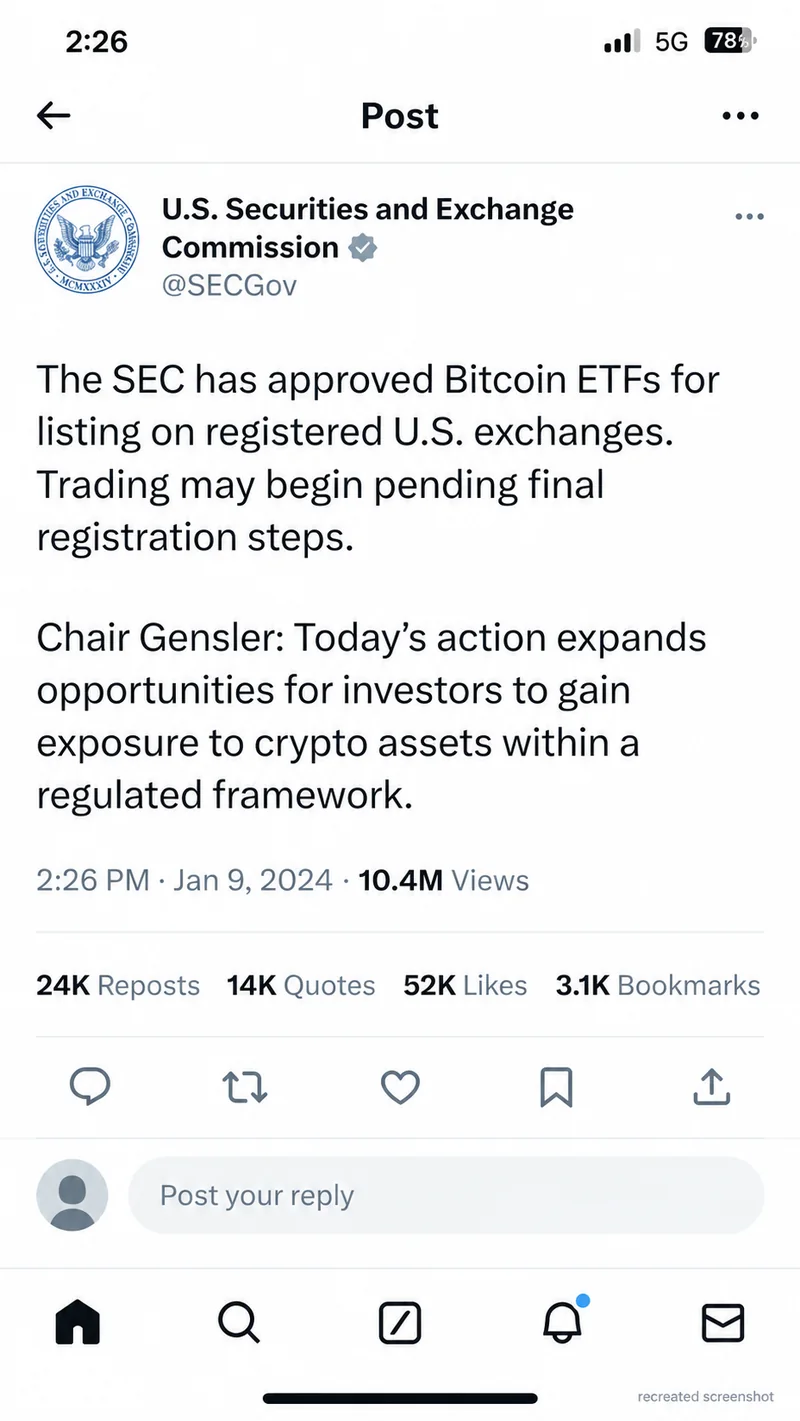 Reconstruction of a post in the visual style of the platform X, with the seal and verification tick of the US Securities and Exchange Commission and a report about the supposed approval of Bitcoin index funds